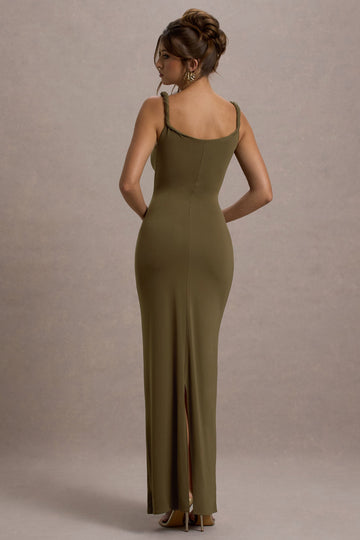 Twist Of Fate Khaki Green Twist-Neck Maxi Dress
